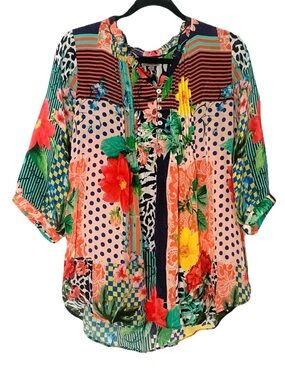 NEW Shana Small Multicolor Mixed Print Floral Zebra Striped Hi-Low Button Blouse